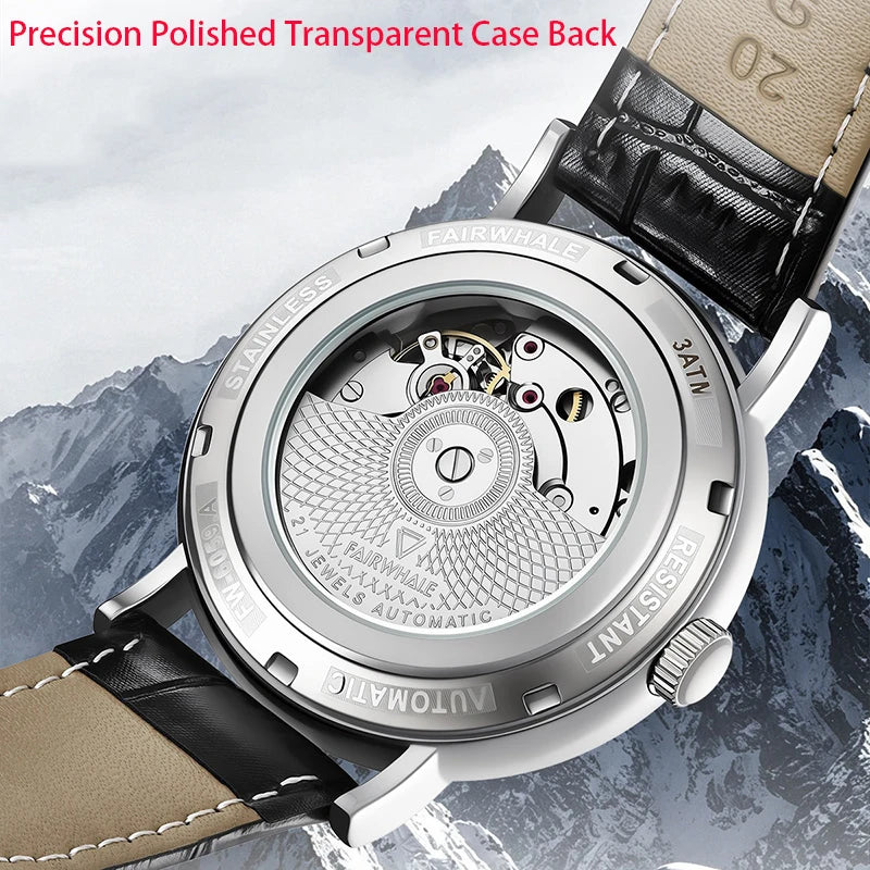 Men's Automatic Mechanical Watch with Date Display Stainless Steel Case Genuine Leather Strap Transparent Case Back 40mm  Dial
