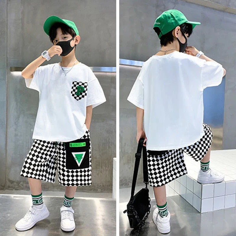 Fashion Boys Clothing Set Summer Teenage Short Sleeve Clothes Suit Letter T-shirt Plaid Shorts 2Pcs Children Loungewear Outfits