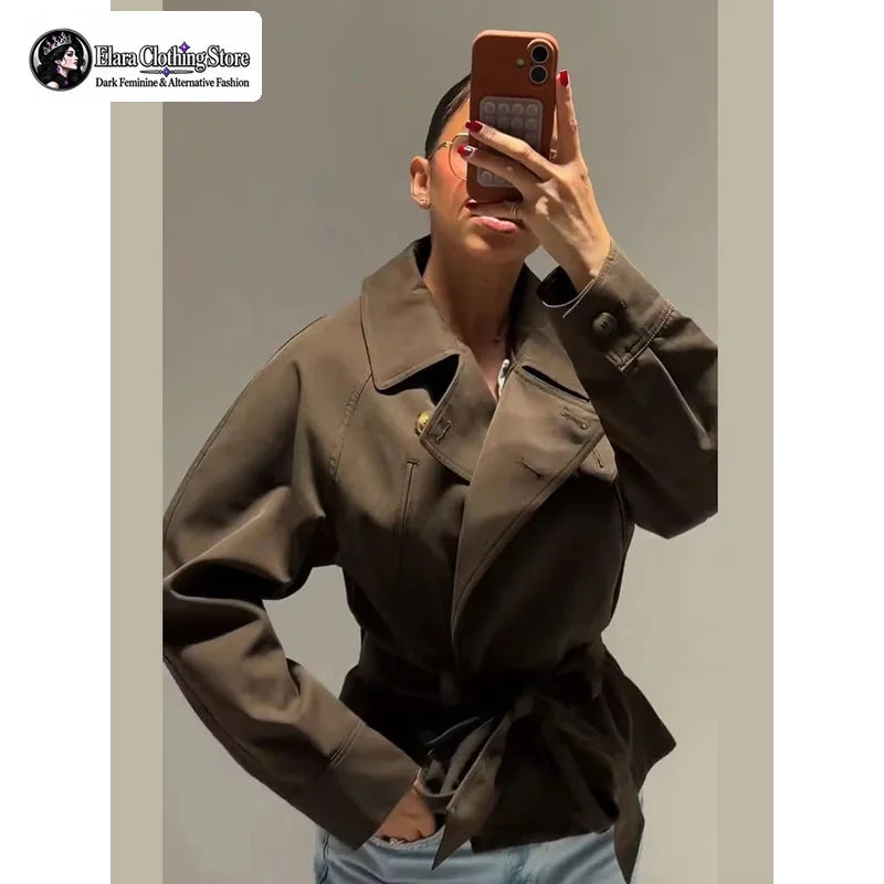 Elara 2026 New Y2k Style Fashionable Stand Up Collar Slanted Button Women's Jacket Long Sleeved Waist Cinched Top with Tie Up