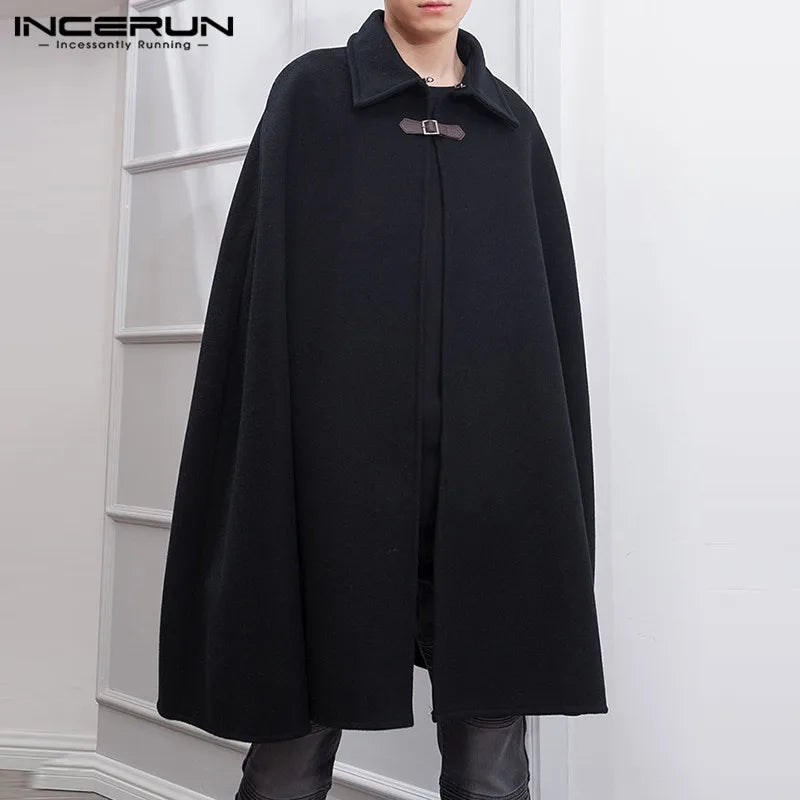 INCERUN Men's One-Button Cloak Coat – Solid Color Lapel Cape Overcoat, Modern Streetwear Style