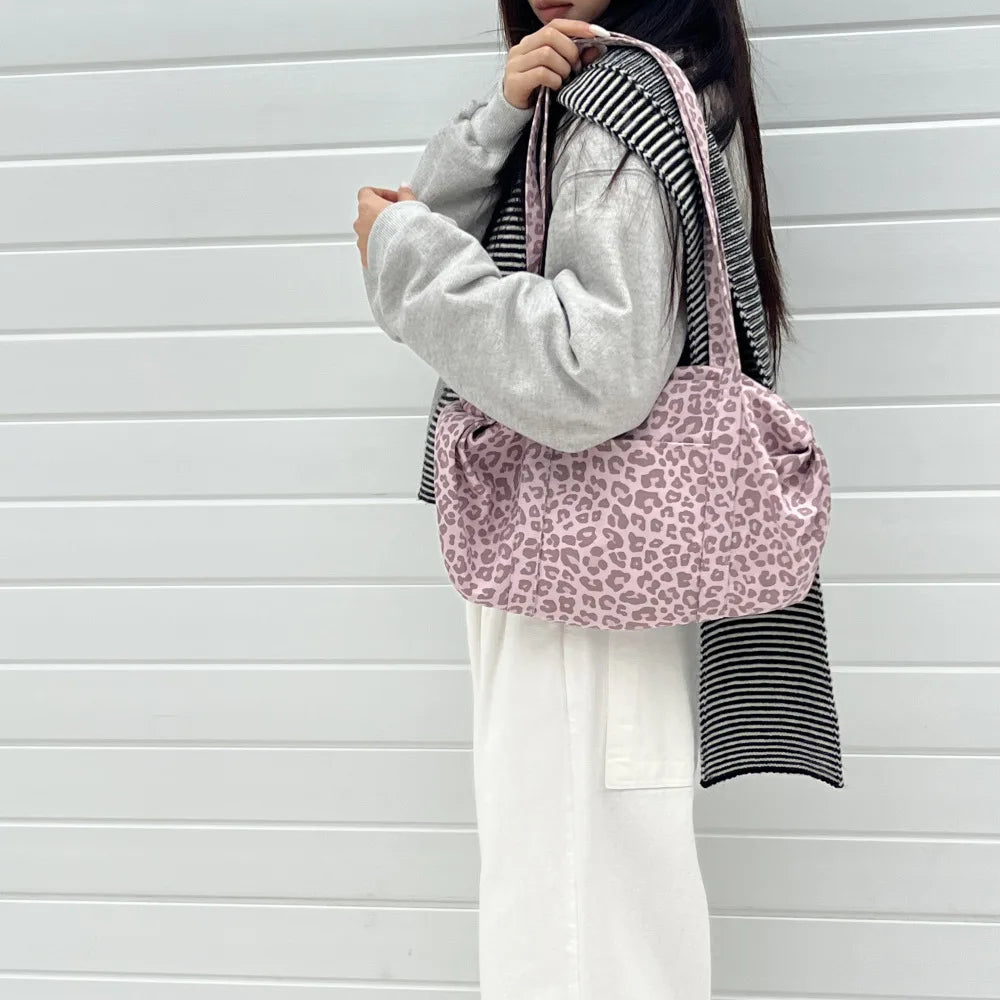 Women Suede Leopard Print Tote Bag Lazy Style Large Capacity Mommy Bag Versatile Daily Outdoor Shoulder Handbag