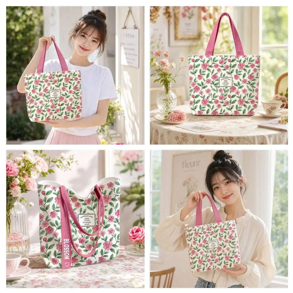 Fashion Canvas Tote Bag Open Top Large Capacity Single Shoulder Bag Floral & Lemon Print Shopping Shoulder Bag Gift