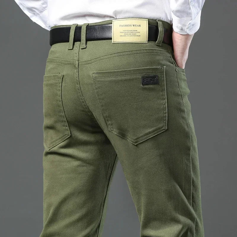 Men's Army Green Slim-Fit Stretch Jeans – 96% Cotton Straight-Leg Casual Trousers