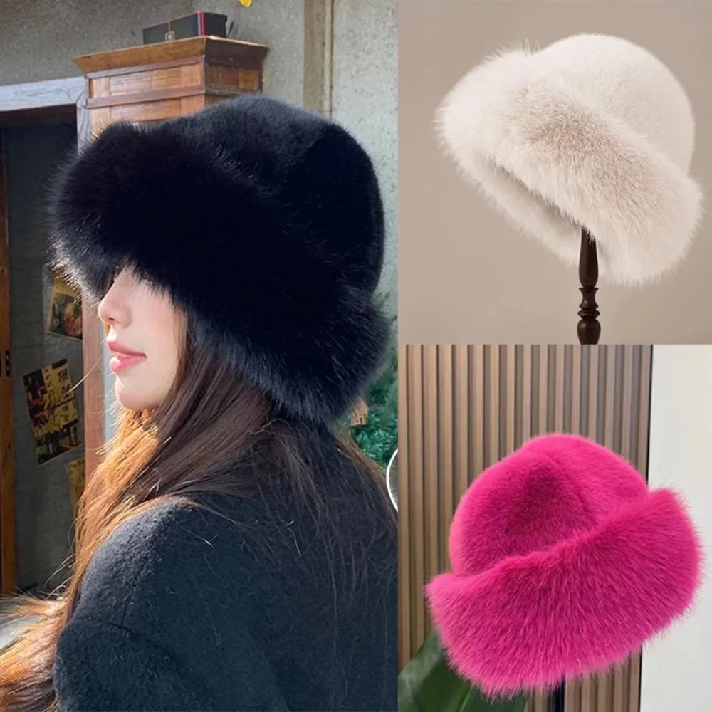 Warm Women's Winter Hat Fluffy Fur Bucket Hat For Women Plush Fisherman Hat Thicken Cold Snowy Day Panama Cap