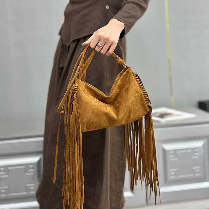 Women's Faux Suede Crossbody Bag – Vintage Tassel Shoulder Tote Bag with Large Capacity