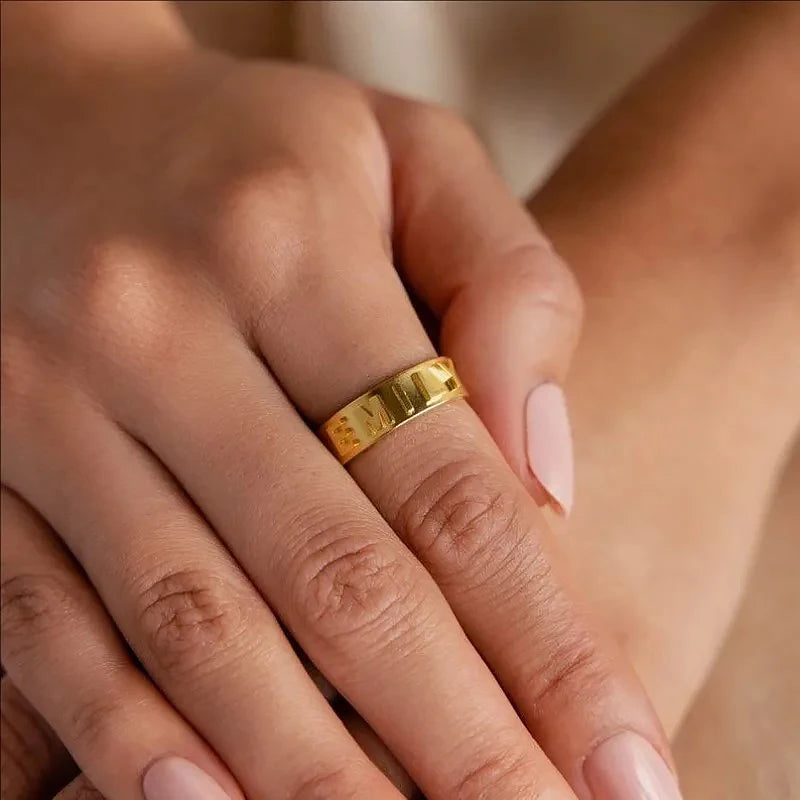 Personalized Name Ring – Custom Initial Gold-Tone Stainless Steel Ring for Couples
