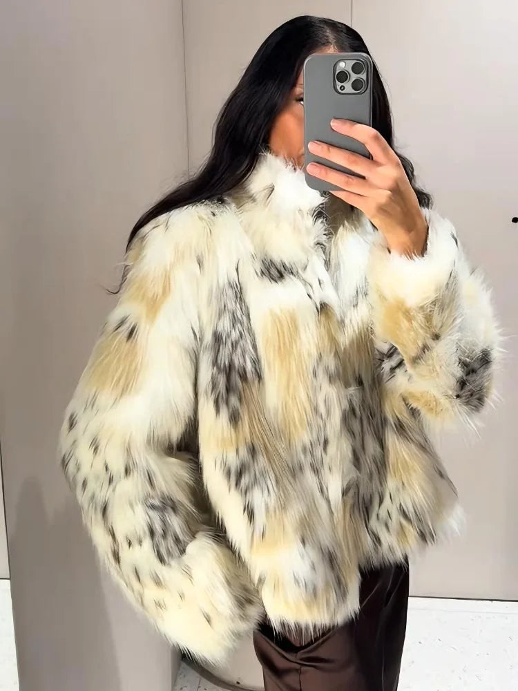 Winter Animal Print Fluffy Faux Fur Coats For Women Chic Thick Warmth Stand Collar Jacket Street Lady Long Sleeve Outerwear