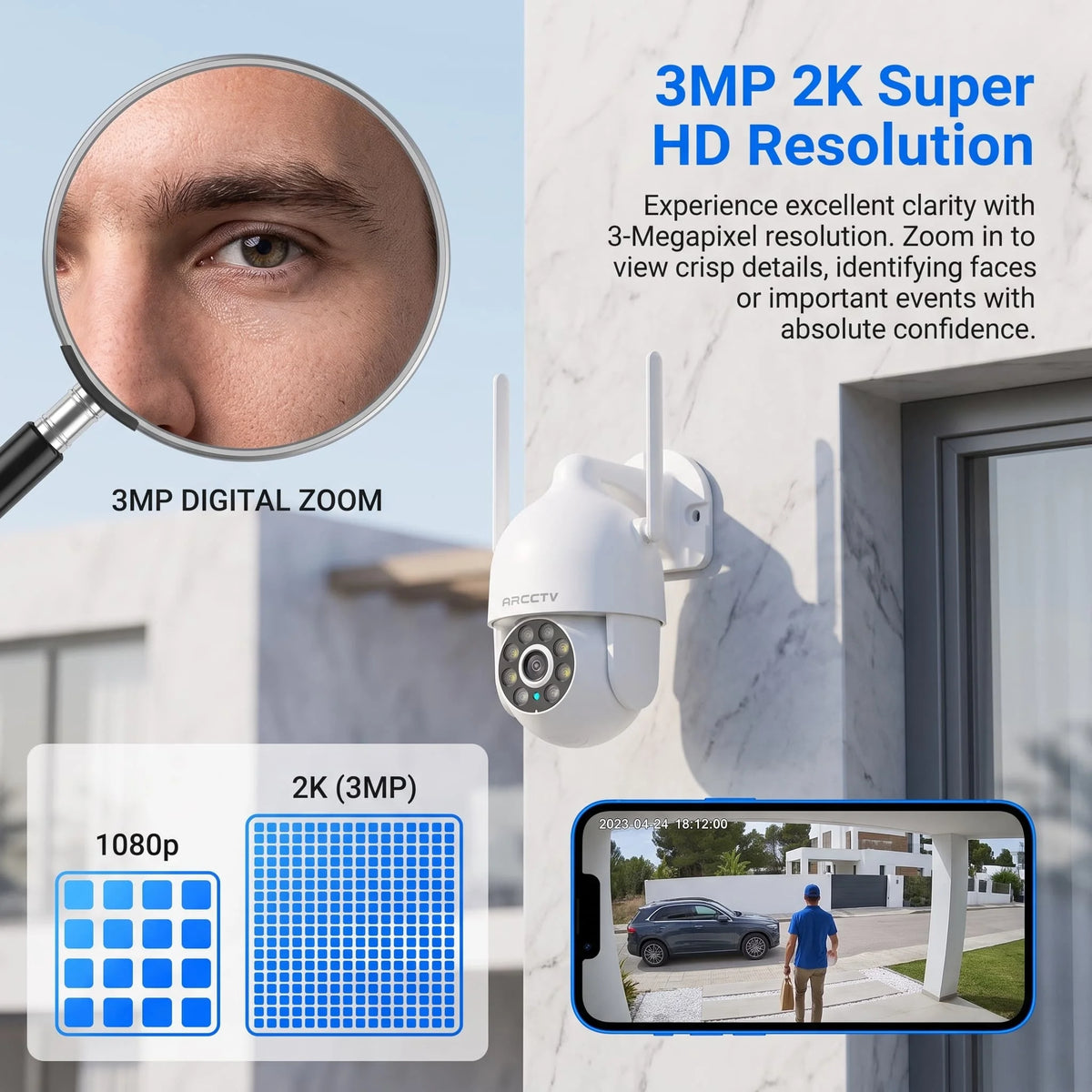 ARCCTV 1296P Wifi Security Camera Outdoor 24/7 HD Recording Surveillance Camera Color Night Vision Auto Tracking Two Way Audio