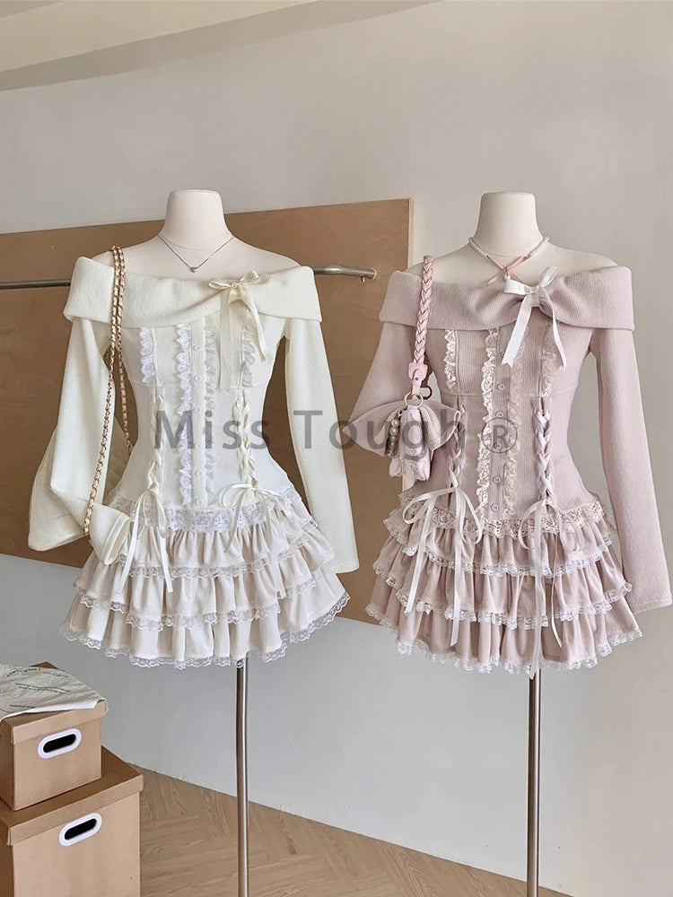 Autumn Winter Korean Fashion Sweet 2 Piece Set Women Off Shoulder Tops+ Fluffy Skirt New Pure Desire Chic Y2k Fairy Outfits 2025