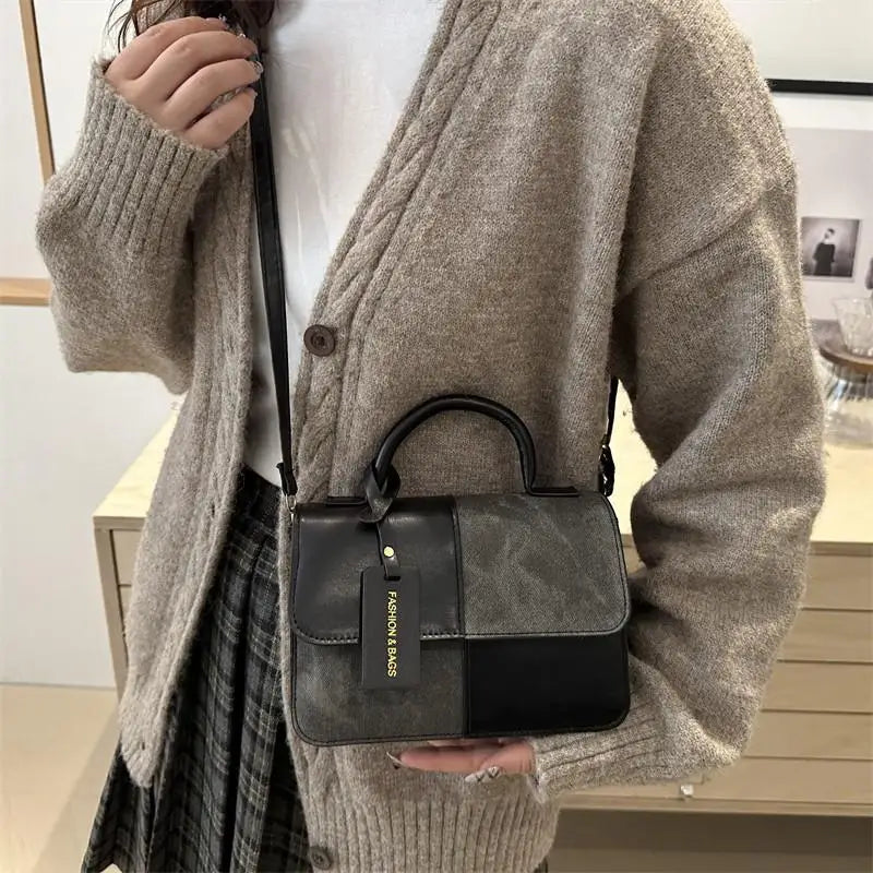 Women's PU Leather Tote Bag – Retro Plaid Patchwork Shoulder and Crossbody Handbag