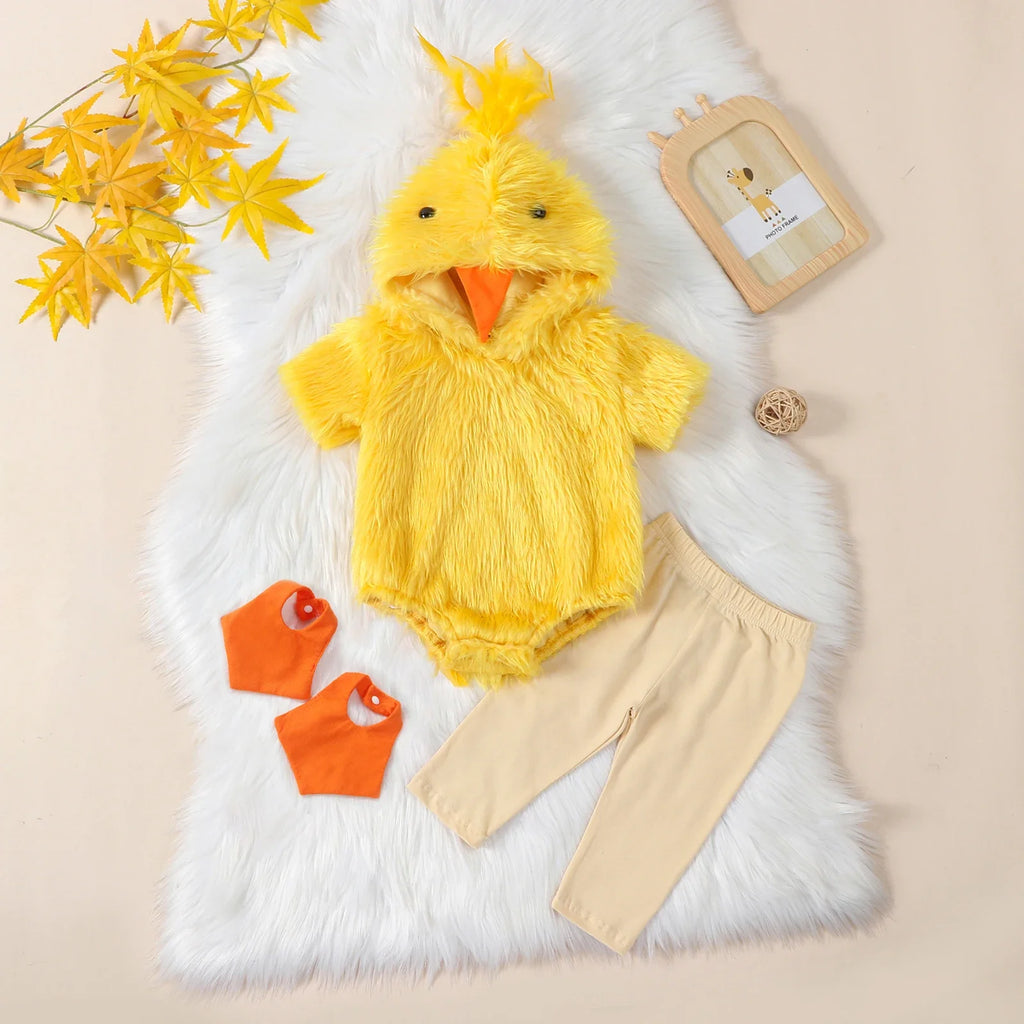 Halloween Party Baby Girl Boy Chick Romper 4PCS Costume Cute Fleece Short Sleeve Hooded Jumpsuits Pants Foot Covers Clothing