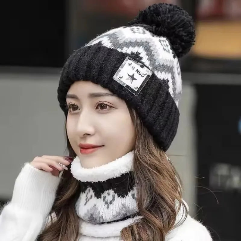 2PCS Winter Women Plush Velvet Hats Neck Warmer Hat Scarf Set Beanies Cycling Windproof Hat Outdoor Ear Protection
