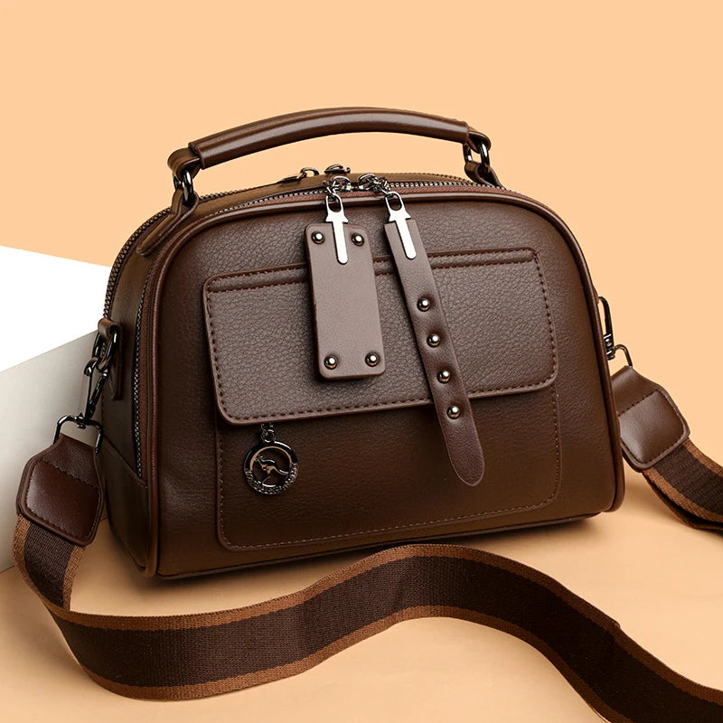 Women's Soft Leather Shoulder Bag – Large Capacity Three-Layer Crossbody Tote Handbag