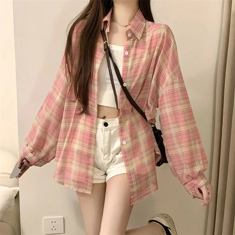 Women’s Sheer Plaid Chiffon Shirt – Oversized Button-Down Casual Blouse