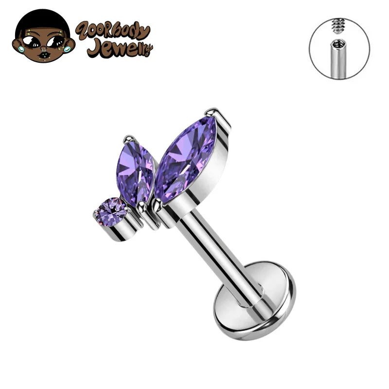 Titanium Triple Marquise CZ Labret Piercing – Internal Thread Lip, Tragus & Helix Jewelry