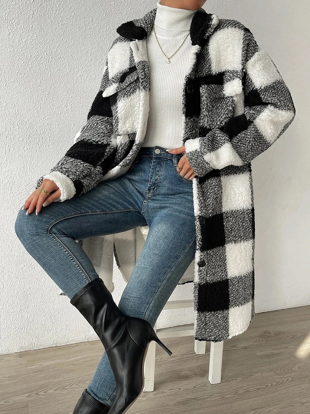 Women’s Long Plaid Fleece Coat – Button-Front Oversized Jacket with Pockets