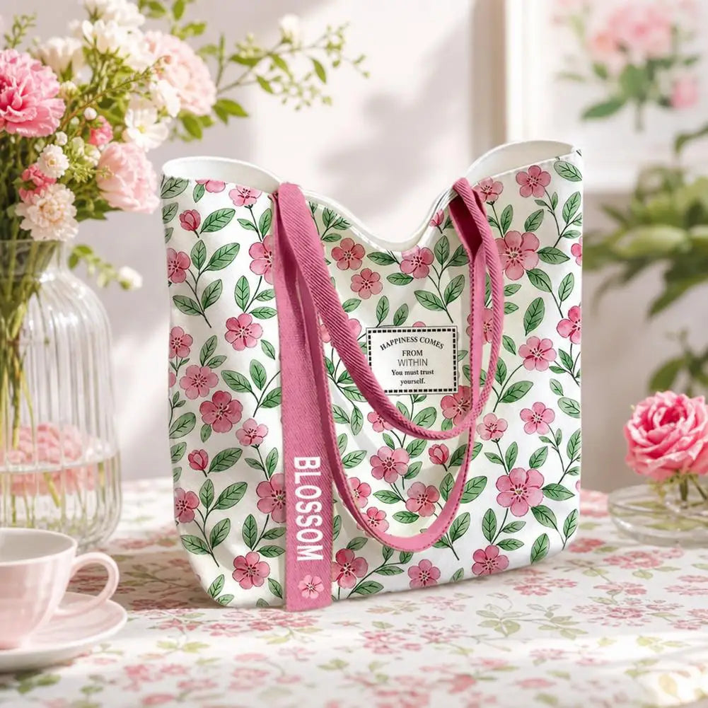 Fashion Canvas Tote Bag Open Top Large Capacity Single Shoulder Bag Floral & Lemon Print Shopping Shoulder Bag Gift
