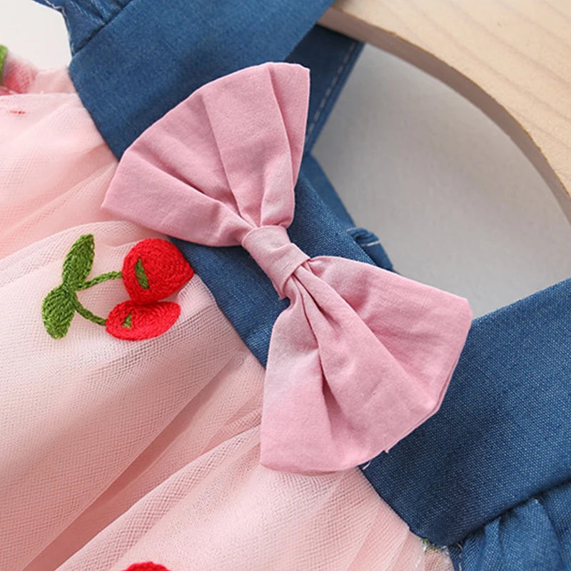 Baby Girl Princess Dress Summer New Red Cherry Chiffon Children'S Clothing (9 Months -3 Years Old)