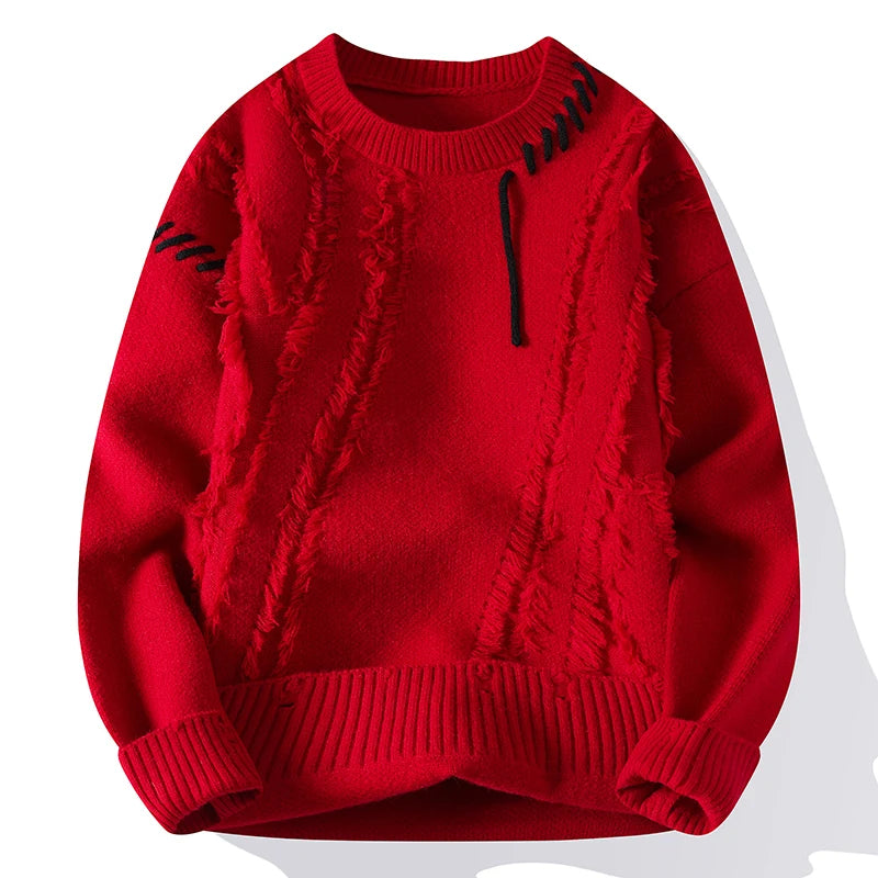 Men's Patchwork Knit Sweater – Warm Crew Neck Pullover, Korean Streetwear Style
