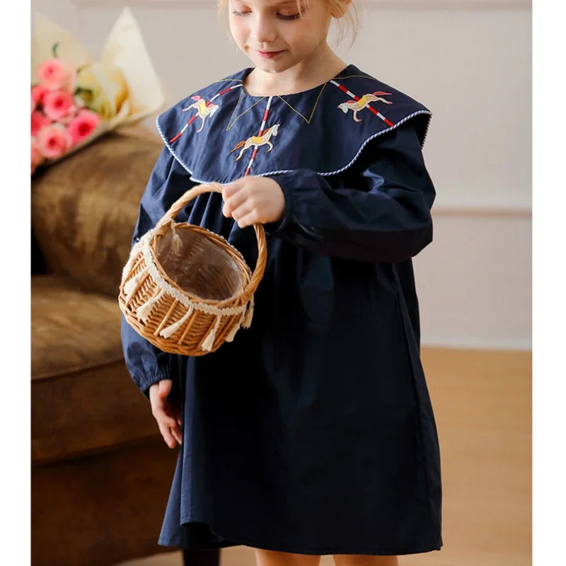 2025 Autumn Carousel Embroidery Lapel Long Sleeved Girls' Dress Clothing Spring Campus Navy Style Children's Pure Cotton Dress