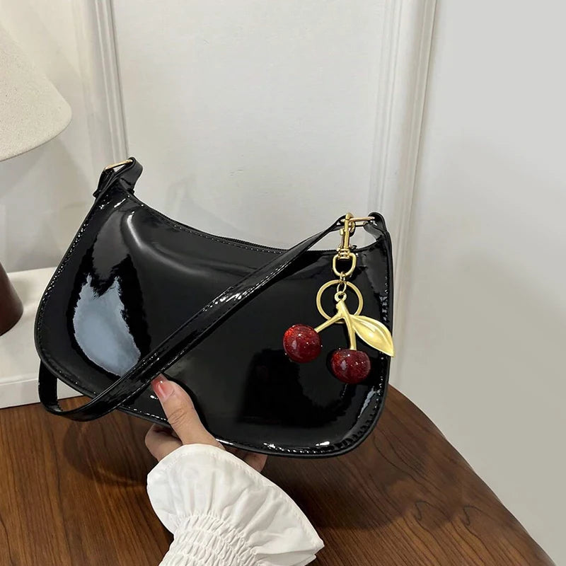 Women's PU Leather Shoulder Bag – Solid Color Handbag with Cherry Pendant