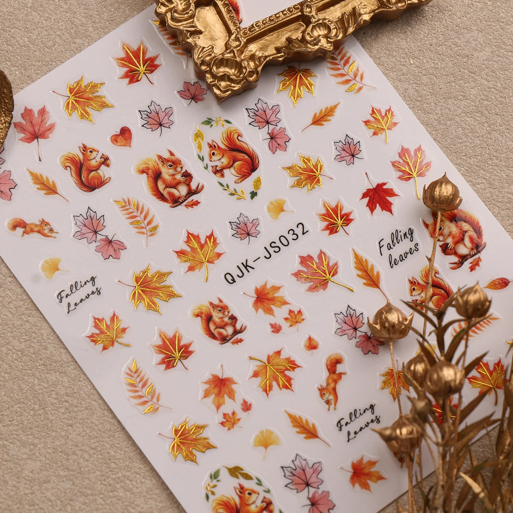 Metallic Autumn Nail Art Decals, Cute Fox Squirrel Hedgehog Maple Leaf Patterns, Retro Orange Gold Fall Theme