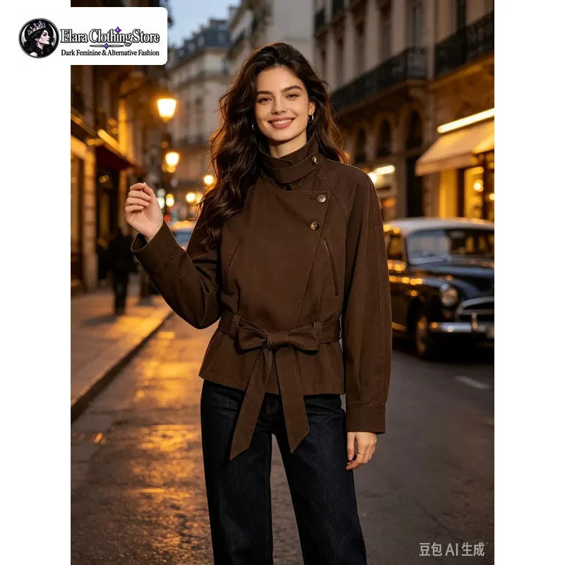 Elara 2026 New Y2k Style Fashionable Stand Up Collar Slanted Button Women's Jacket Long Sleeved Waist Cinched Top with Tie Up